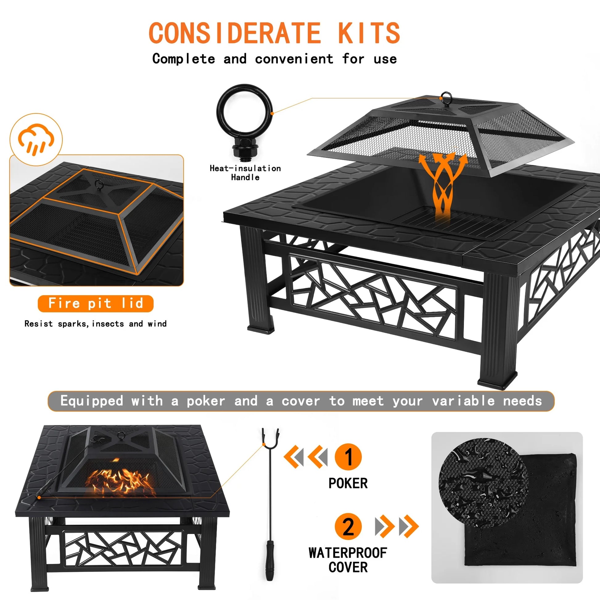 Fire Pit for Outside, 32" Square Fire Pit Table with BBQ Net, Mesh Lid, Poker and Cover, Wood Burning Outdoor Heating Fire Pit Stove for Patio, Backyard, Camping, Black