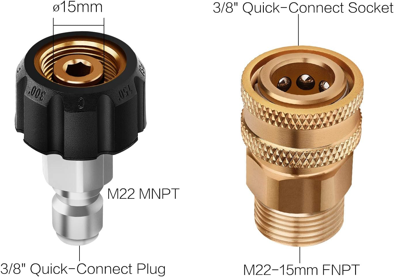 Pressure Washer Adapter Kit, 3/8 in Quick-Connect X M22-15Mm Connections, 5000 PSI Quick-Connect High Pressure Hose Connect Kit