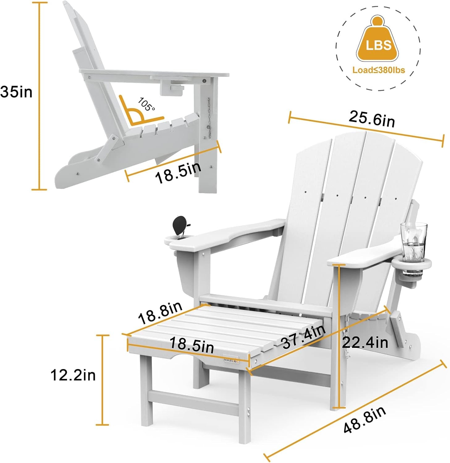 Folding Adirondack Chair with Retractable Ottoman, HDPE All-Weather Fire Pit Chair with 2 Cup Holders, Outdoor Chair for Deck Patio Garden Backyard Lawn (White)