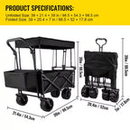 3 Cu. Ft. Steel Extra Large Collapsible Garden Cart with Removable Canopy, Folding Wagon Utility Carts with Wheels