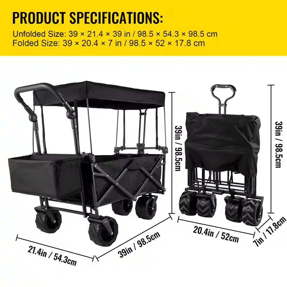 3 Cu. Ft. Steel Extra Large Collapsible Garden Cart with Removable Canopy, Folding Wagon Utility Carts with Wheels