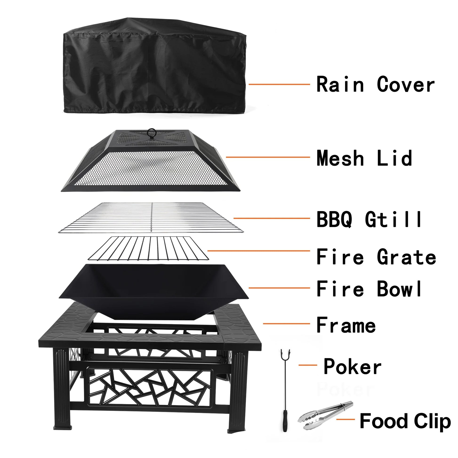 Fire Pit for Outside, 32" Square Fire Pit Table with BBQ Net, Mesh Lid, Poker and Cover, Wood Burning Outdoor Heating Fire Pit Stove for Patio, Backyard, Camping, Black