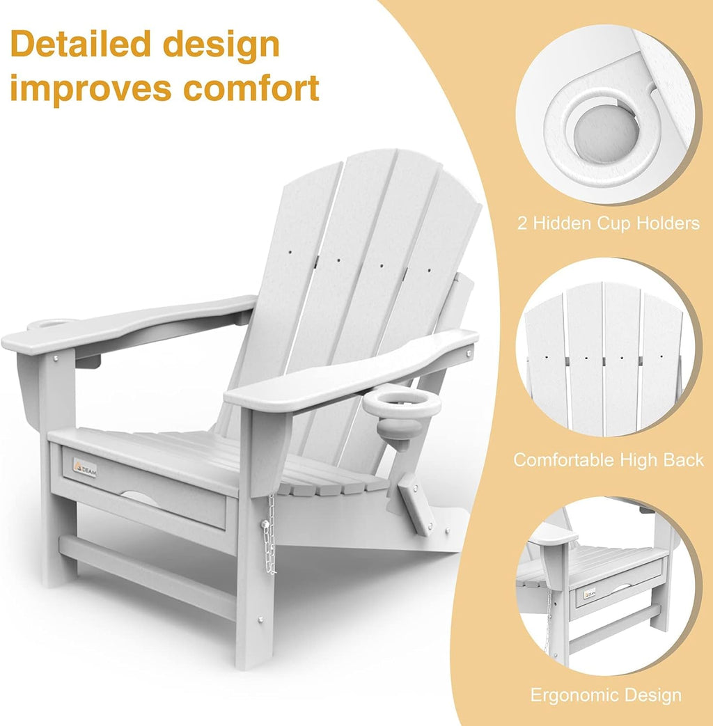 Folding Adirondack Chair with Retractable Ottoman, HDPE All-Weather Fire Pit Chair with 2 Cup Holders, Outdoor Chair for Deck Patio Garden Backyard Lawn (White)