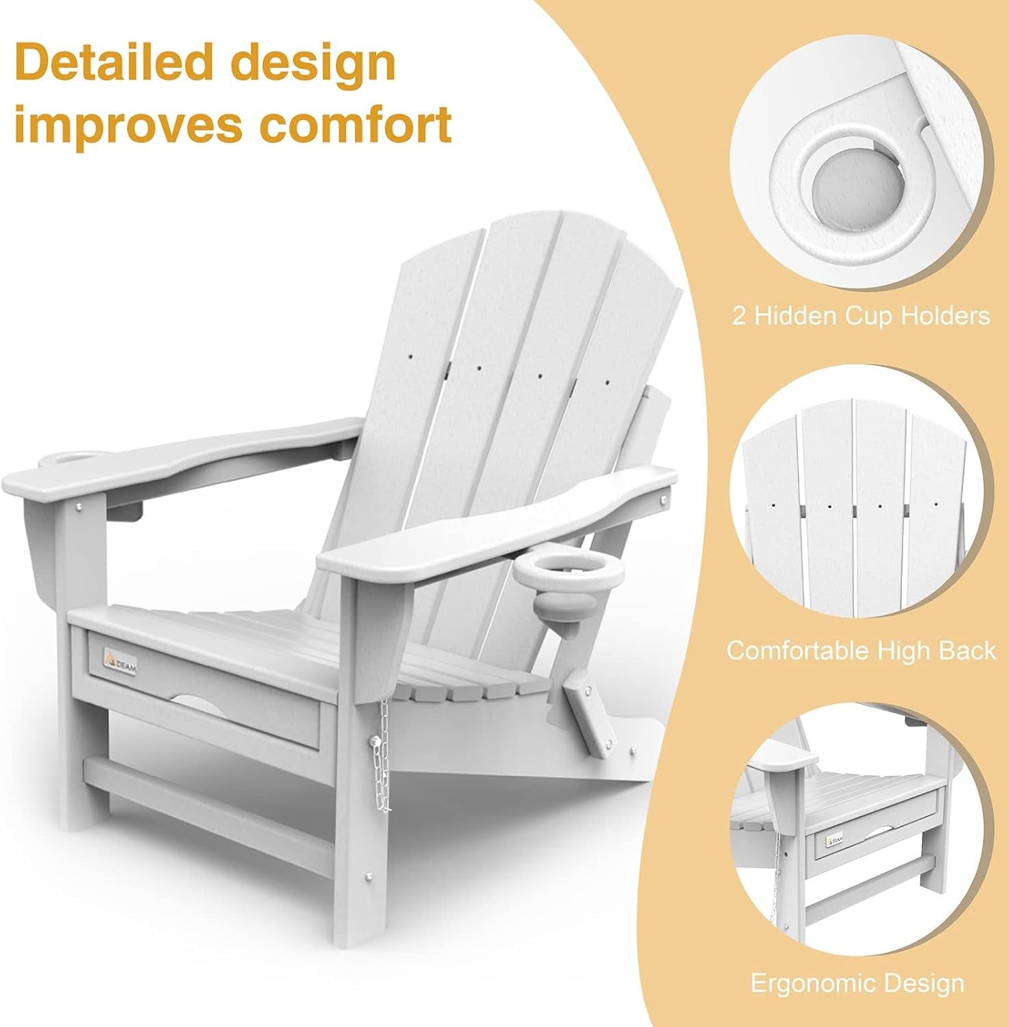 Folding Adirondack Chair with Retractable Ottoman, HDPE All-Weather Fire Pit Chair with 2 Cup Holders, Outdoor Chair for Deck Patio Garden Backyard Lawn (White)