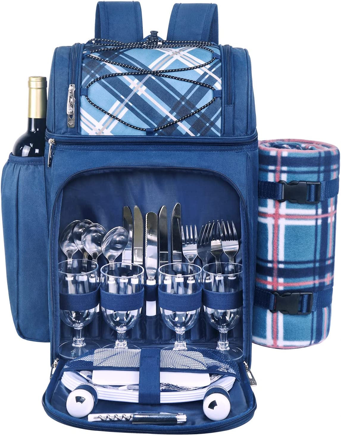 Picnic Backpack for 4 Person with Blanket, Insulated Leakproof Cooler Compartment, Wine Holder, Cutlery Set, Gifts Ideals for Wedding, Housewarming, White Elephant, Bridal Showers(36079-Bl)