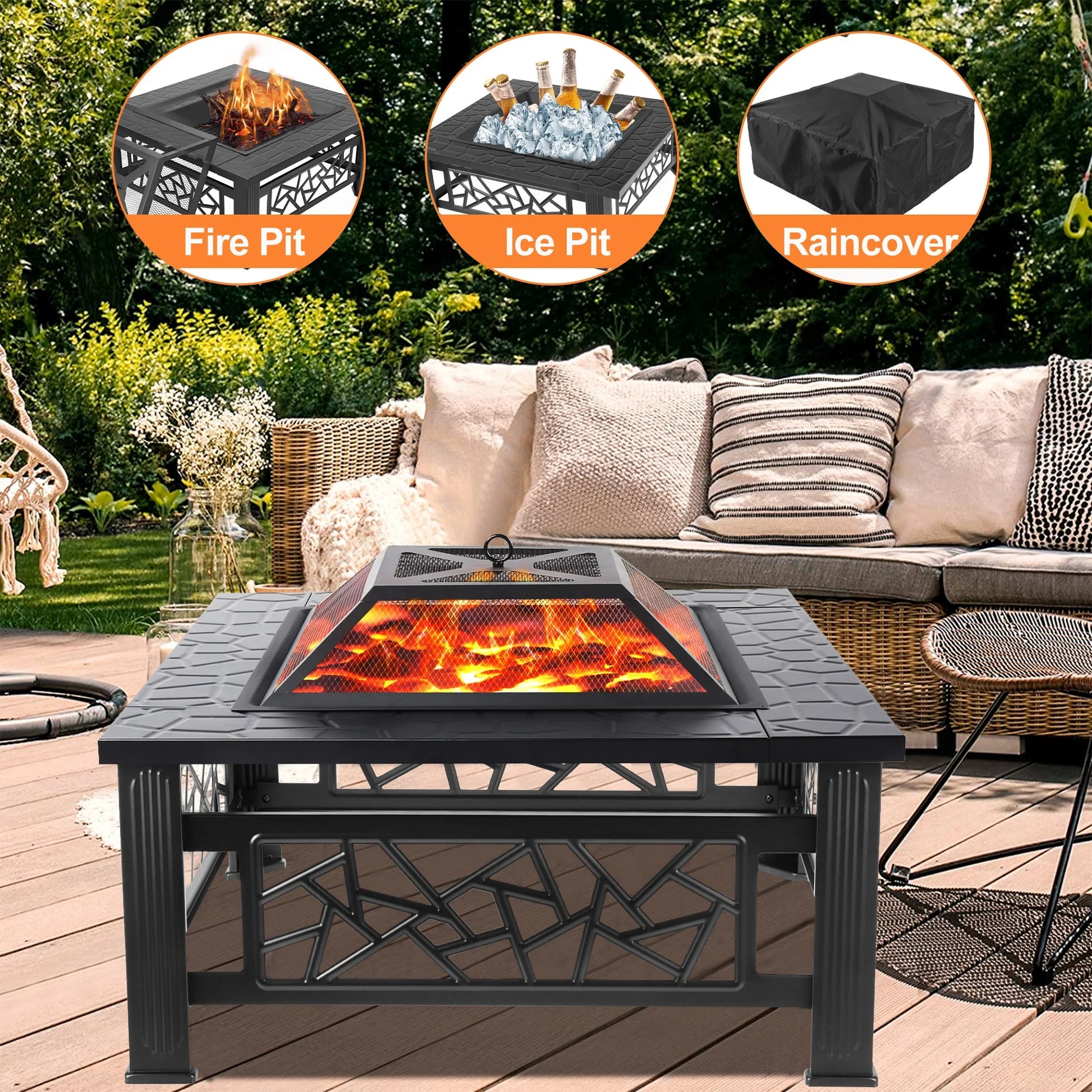 Fire Pit for Outside, 32" Square Fire Pit Table with BBQ Net, Mesh Lid, Poker and Cover, Wood Burning Outdoor Heating Fire Pit Stove for Patio, Backyard, Camping, Black