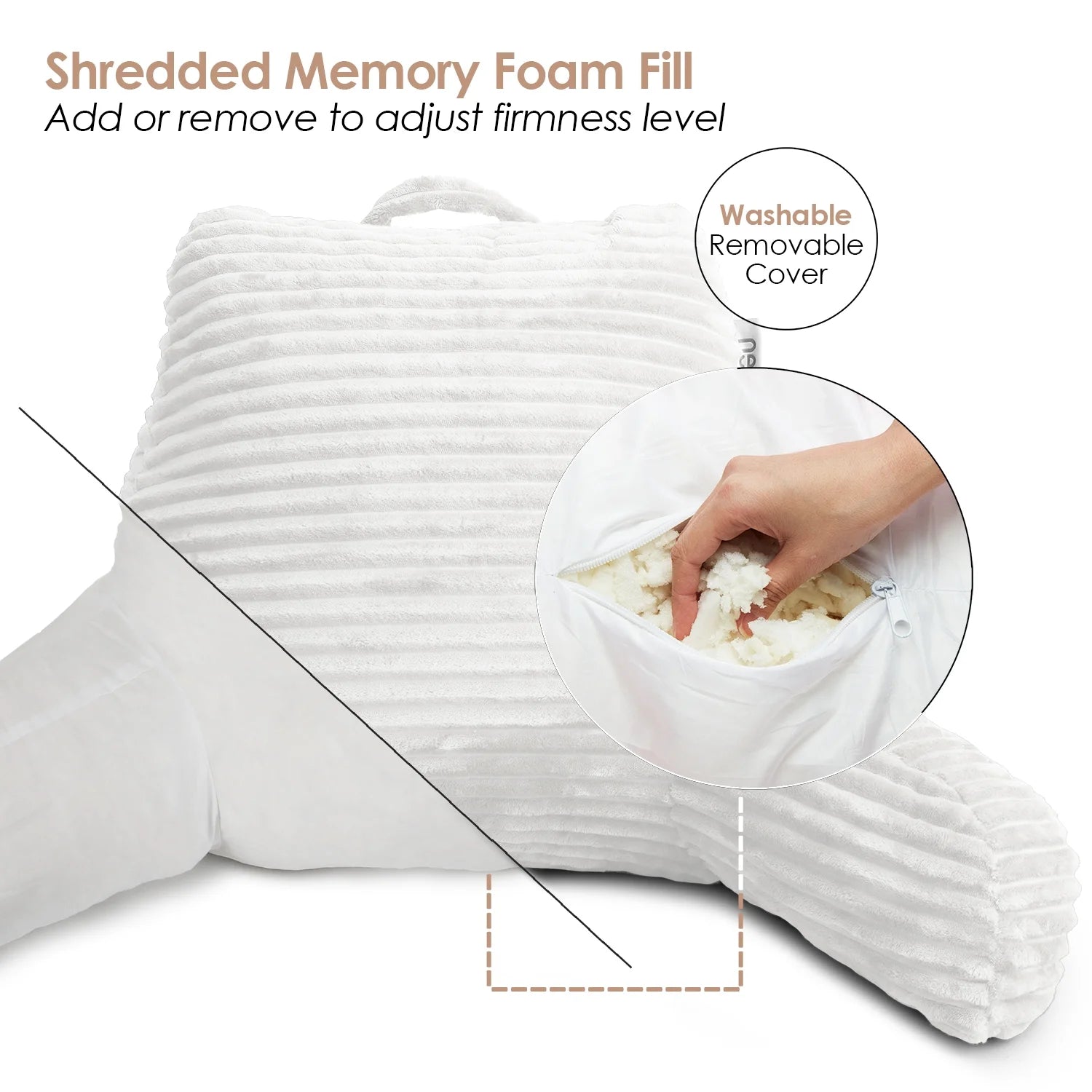 Backrest Reading Pillow, Back Support Pillow with Arms, Shredded Memory Foam Bed Rest Pillow, White