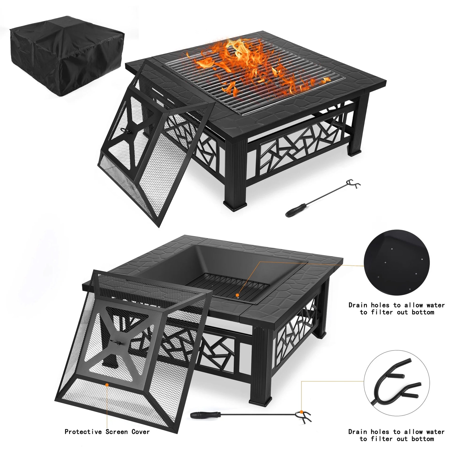 Fire Pit for Outside, 32" Square Fire Pit Table with BBQ Net, Mesh Lid, Poker and Cover, Wood Burning Outdoor Heating Fire Pit Stove for Patio, Backyard, Camping, Black