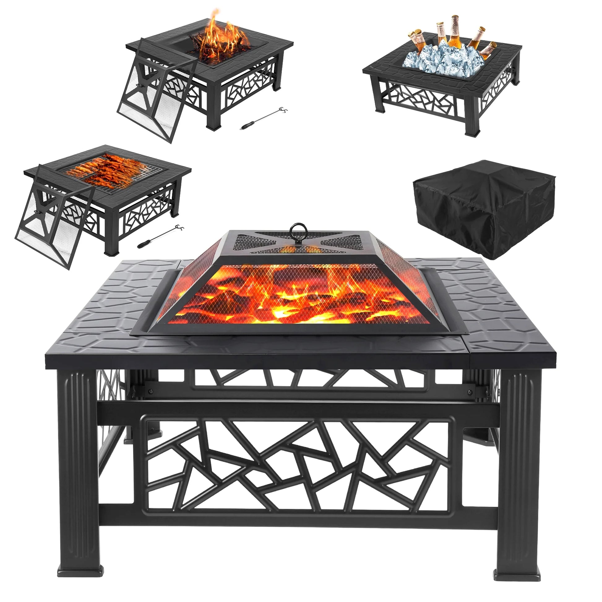 Fire Pit for Outside, 32" Square Fire Pit Table with BBQ Net, Mesh Lid, Poker and Cover, Wood Burning Outdoor Heating Fire Pit Stove for Patio, Backyard, Camping, Black
