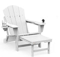 Folding Adirondack Chair with Retractable Ottoman, HDPE All-Weather Fire Pit Chair with 2 Cup Holders, Outdoor Chair for Deck Patio Garden Backyard Lawn (White)