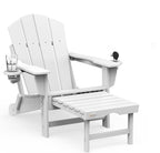 Folding Adirondack Chair with Retractable Ottoman, HDPE All-Weather Fire Pit Chair with 2 Cup Holders, Outdoor Chair for Deck Patio Garden Backyard Lawn (White)