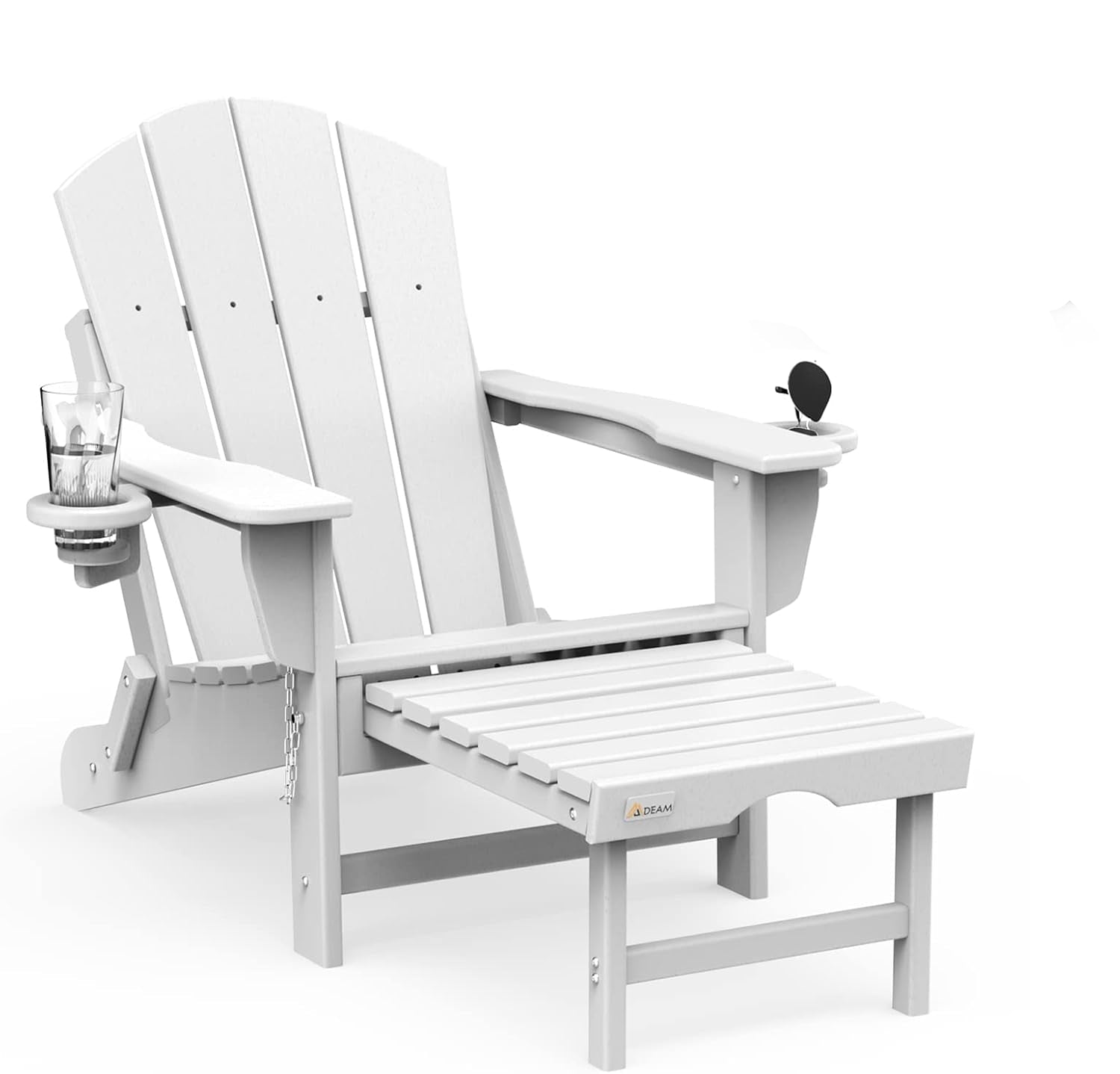 Folding Adirondack Chair with Retractable Ottoman, HDPE All-Weather Fire Pit Chair with 2 Cup Holders, Outdoor Chair for Deck Patio Garden Backyard Lawn (White)