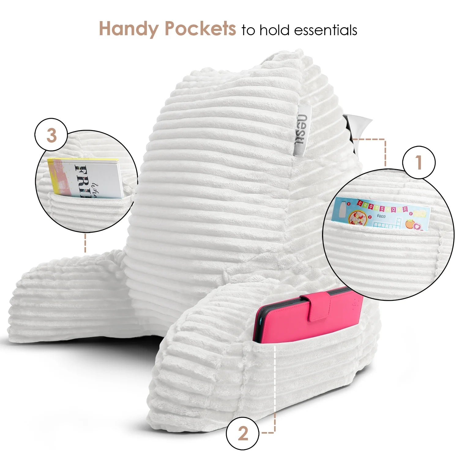Backrest Reading Pillow, Back Support Pillow with Arms, Shredded Memory Foam Bed Rest Pillow, White