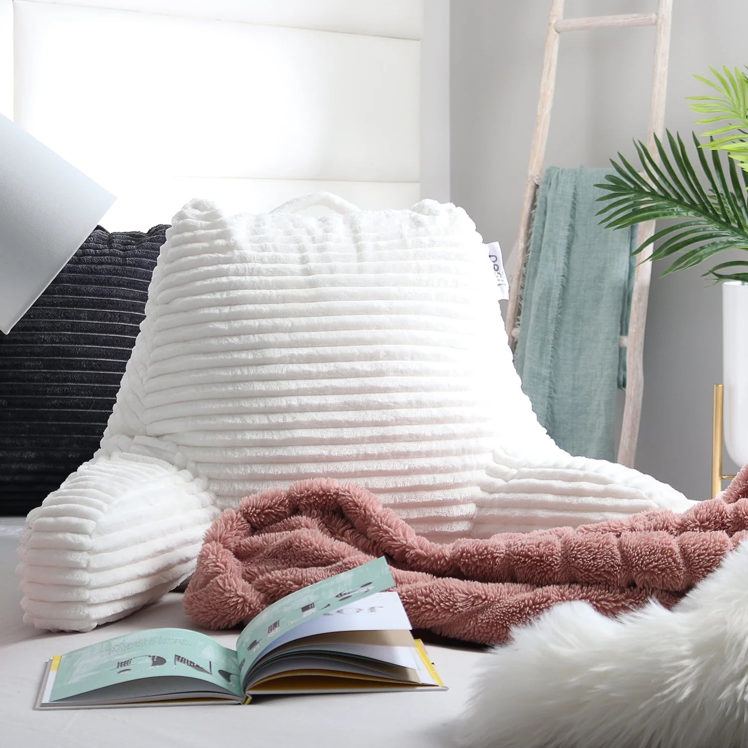 Backrest Reading Pillow, Back Support Pillow with Arms, Shredded Memory Foam Bed Rest Pillow, White