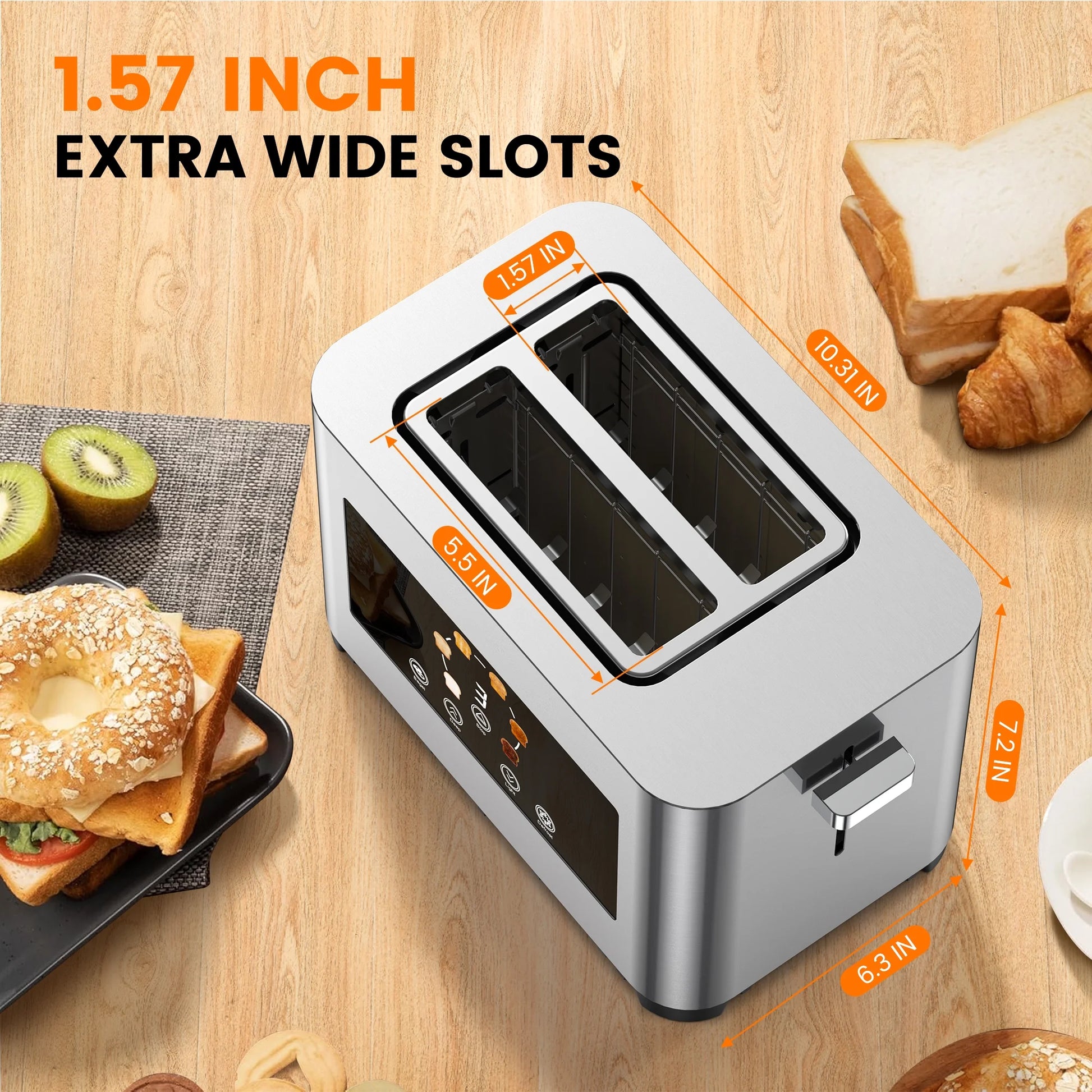 Toaster 2 Slice Wide Slots Touchscreen 6 Shade Settings, Stainless Steel Bread Toaster with Reheat, Cancel, Defrost,New