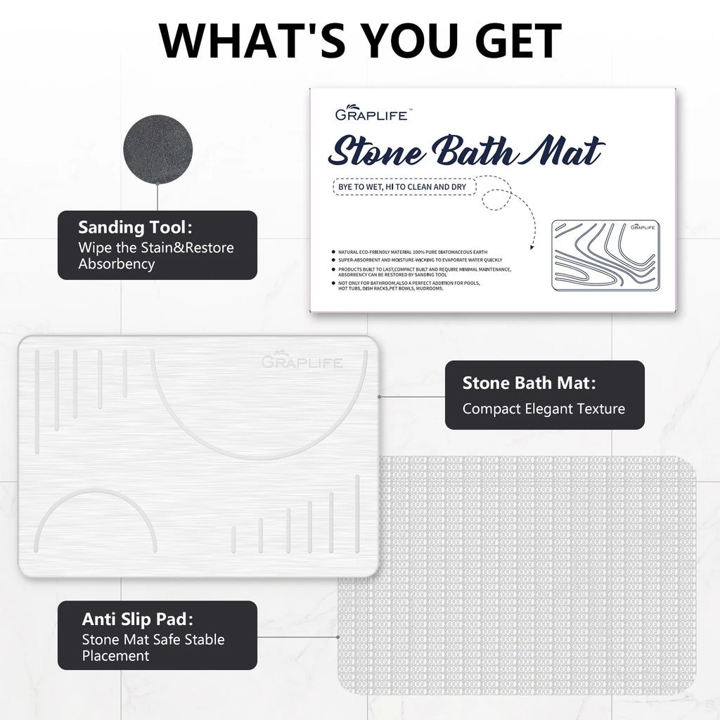 Stone Bath Mat, Super Absorbent Bathroom Mat, Quick Drying Non-Slip Shower Mat 24"X15 White