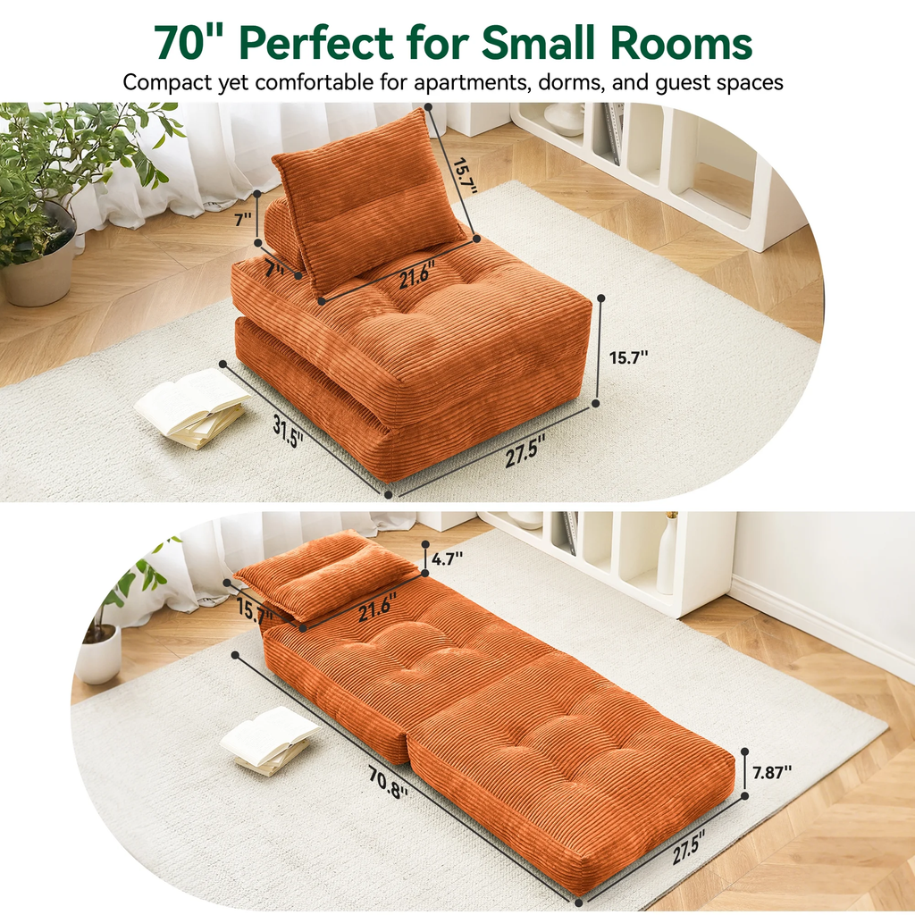 Compact Corduroy Sofa Couch w/ Convertible Futon Sleeper