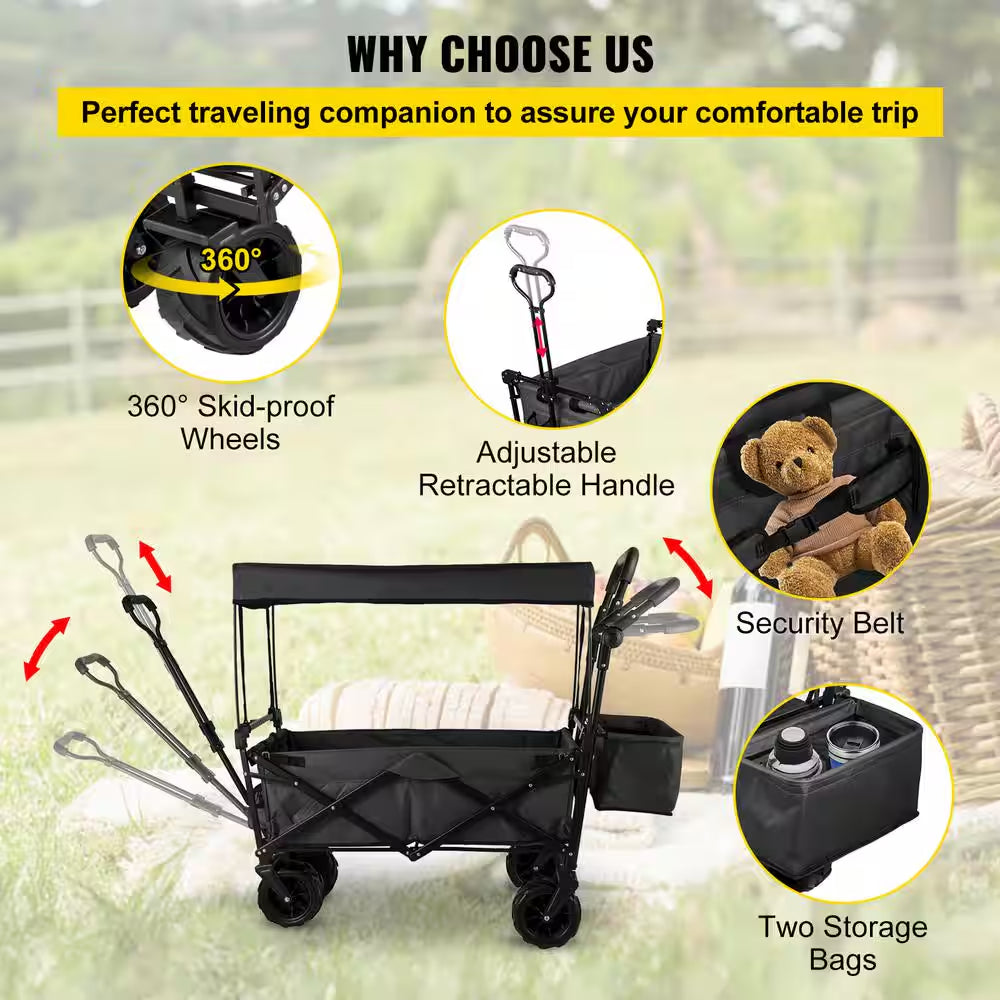 3 Cu. Ft. Steel Extra Large Collapsible Garden Cart with Removable Canopy, Folding Wagon Utility Carts with Wheels