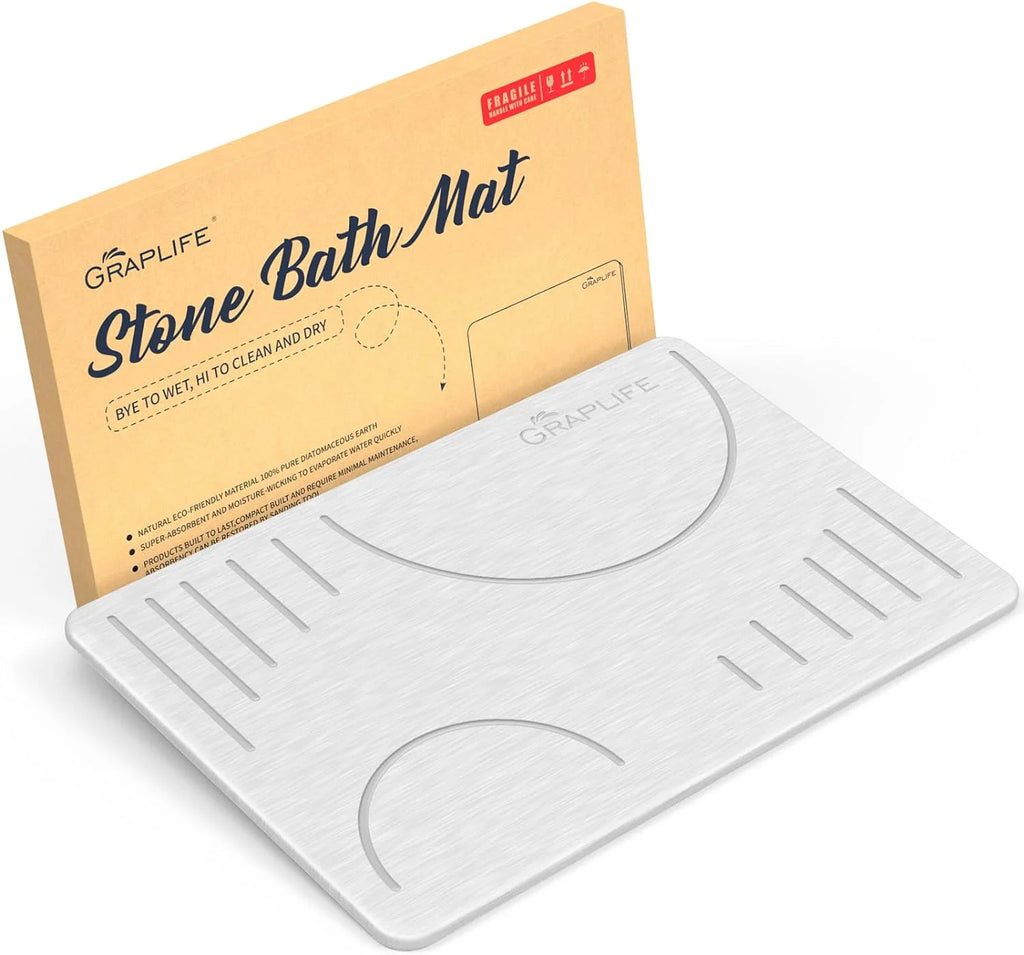 Stone Bath Mat, Super Absorbent Bathroom Mat, Quick Drying Non-Slip Shower Mat 24"X15 White