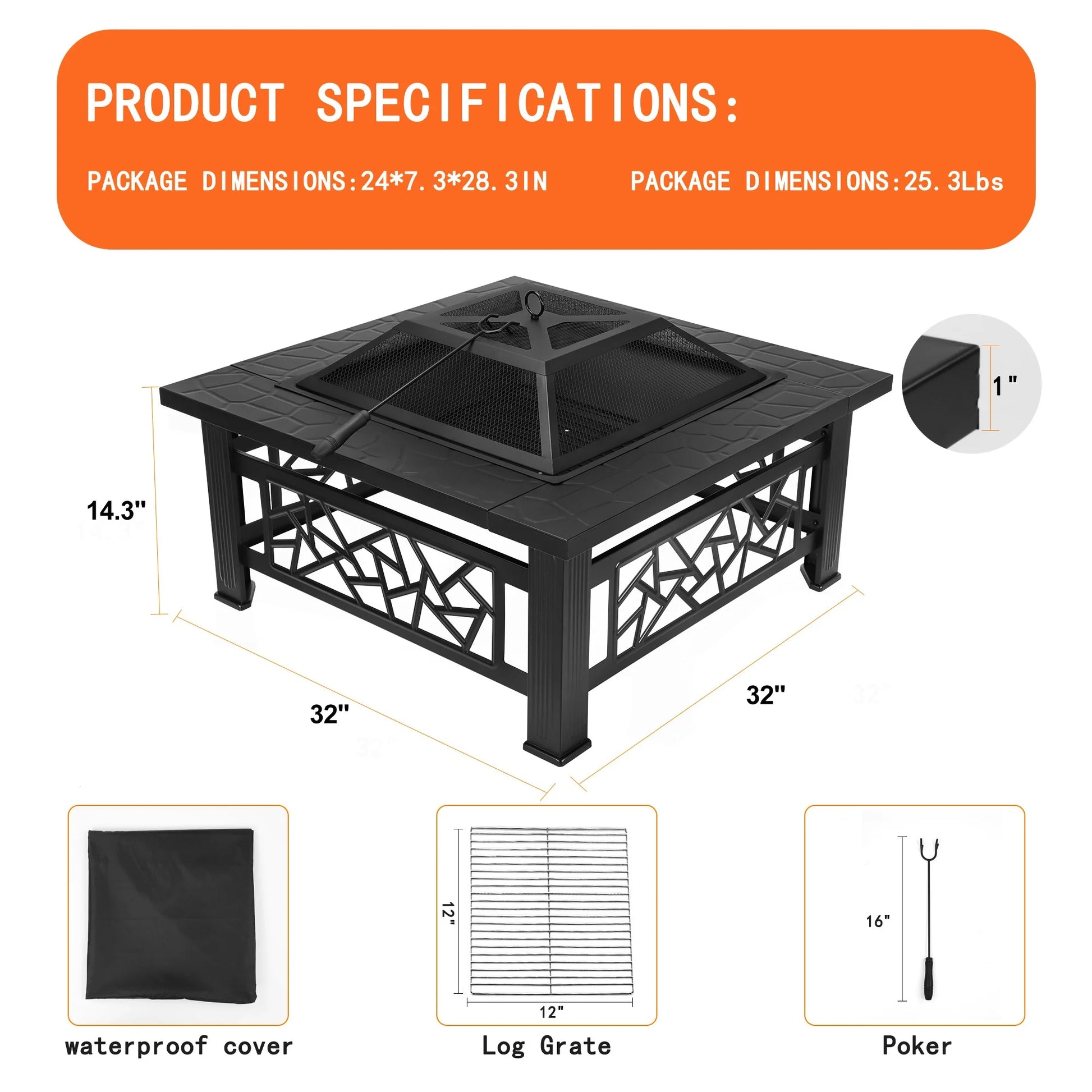 Fire Pit for Outside, 32" Square Fire Pit Table with BBQ Net, Mesh Lid, Poker and Cover, Wood Burning Outdoor Heating Fire Pit Stove for Patio, Backyard, Camping, Black