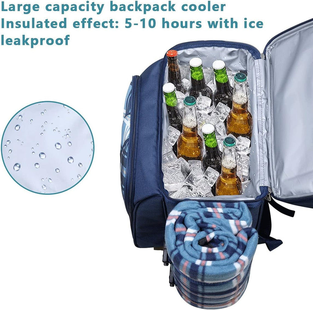 Picnic Backpack for 4 Person with Blanket, Insulated Leakproof Cooler Compartment, Wine Holder, Cutlery Set, Gifts Ideals for Wedding, Housewarming, White Elephant, Bridal Showers(36079-Bl)