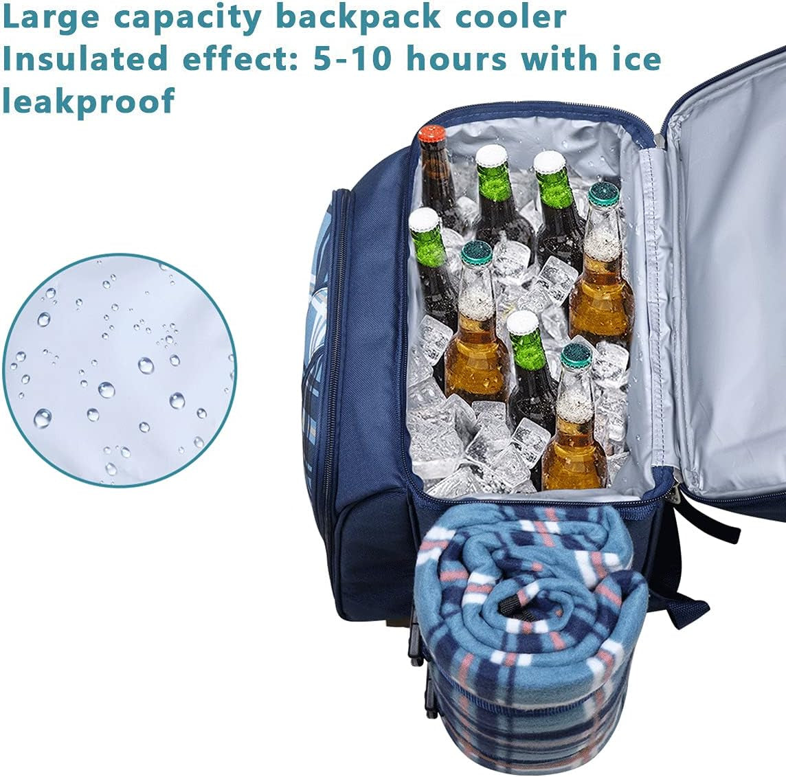 Picnic Backpack for 4 Person with Blanket, Insulated Leakproof Cooler Compartment, Wine Holder, Cutlery Set, Gifts Ideals for Wedding, Housewarming, White Elephant, Bridal Showers(36079-Bl)