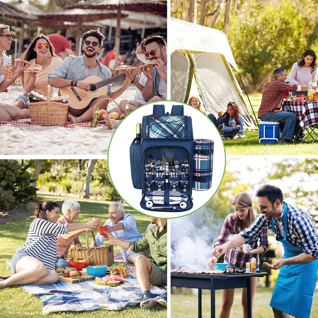 Picnic Backpack for 4 Person with Blanket, Insulated Leakproof Cooler Compartment, Wine Holder, Cutlery Set, Gifts Ideals for Wedding, Housewarming, White Elephant, Bridal Showers(36079-Bl)