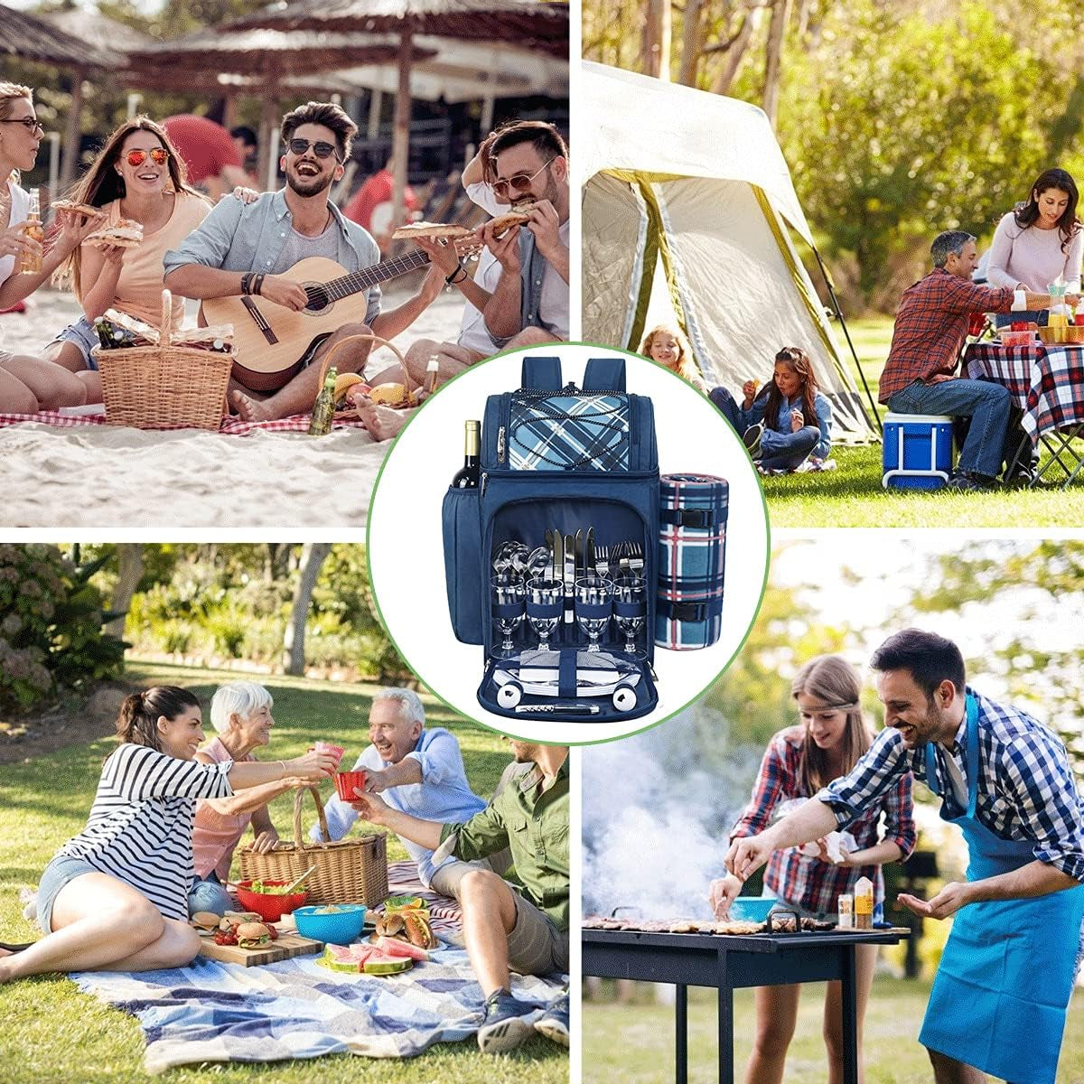 Picnic Backpack for 4 Person with Blanket, Insulated Leakproof Cooler Compartment, Wine Holder, Cutlery Set, Gifts Ideals for Wedding, Housewarming, White Elephant, Bridal Showers(36079-Bl)