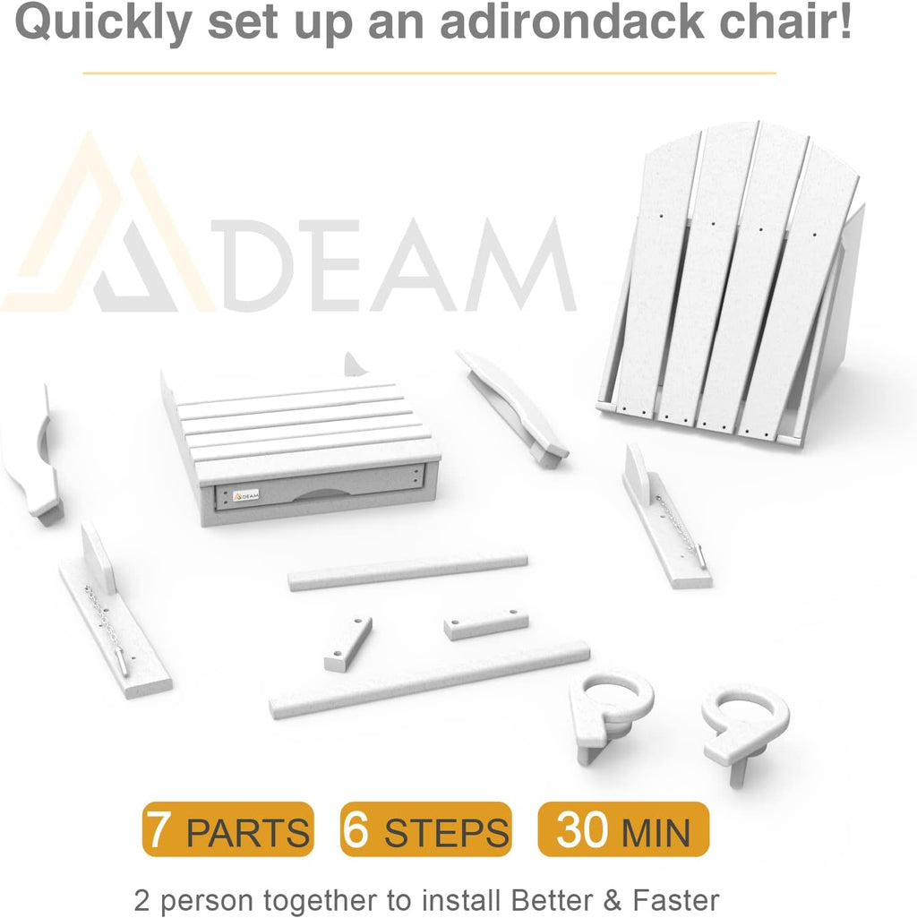 Folding Adirondack Chair with Retractable Ottoman, HDPE All-Weather Fire Pit Chair with 2 Cup Holders, Outdoor Chair for Deck Patio Garden Backyard Lawn (White)