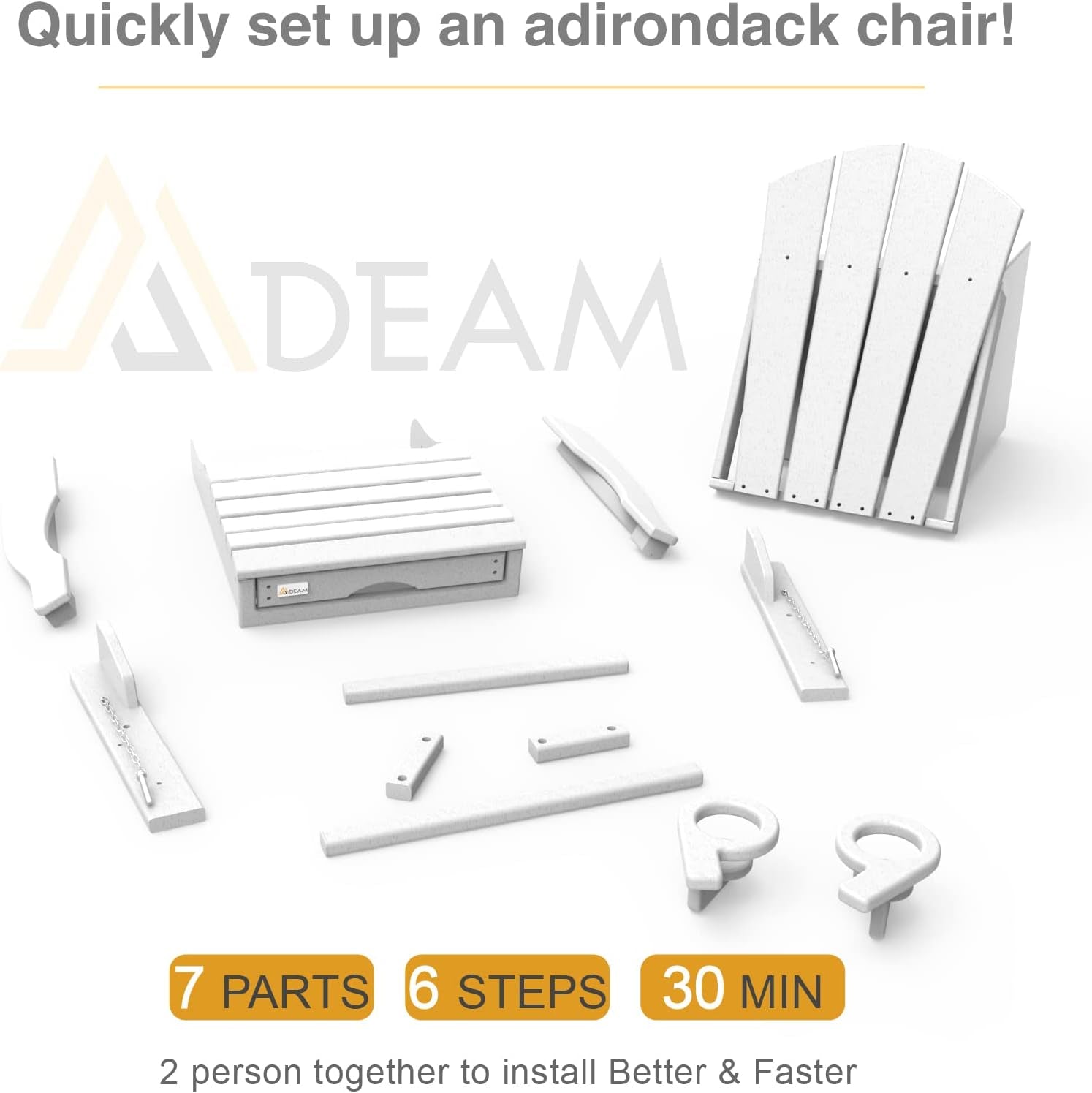 Folding Adirondack Chair with Retractable Ottoman, HDPE All-Weather Fire Pit Chair with 2 Cup Holders, Outdoor Chair for Deck Patio Garden Backyard Lawn (White)