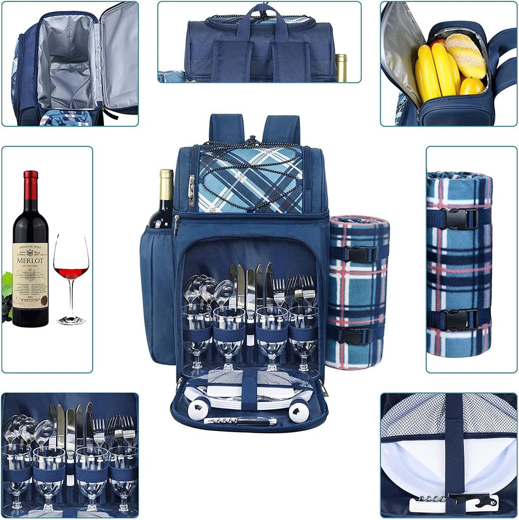 Picnic Backpack for 4 Person with Blanket, Insulated Leakproof Cooler Compartment, Wine Holder, Cutlery Set, Gifts Ideals for Wedding, Housewarming, White Elephant, Bridal Showers(36079-Bl)