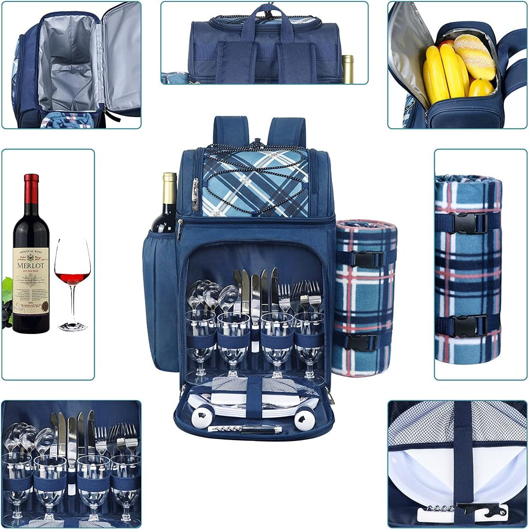 Picnic Backpack for 4 Person with Blanket, Insulated Leakproof Cooler Compartment, Wine Holder, Cutlery Set, Gifts Ideals for Wedding, Housewarming, White Elephant, Bridal Showers(36079-Bl)