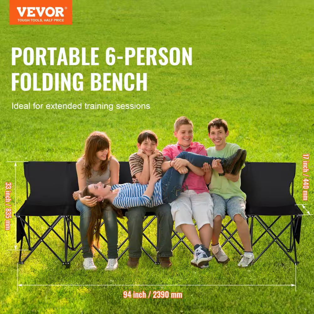 Portable Folding Bench, 6 Seats Sideline Outdoor Camping Aluminum Bench Chair with Carry Bag and Backrest, Black