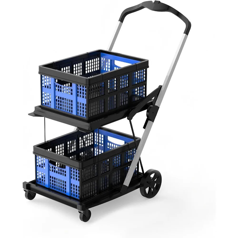 Folding Shopping Cart, 2 Tier Multi Use Mobile Folding Trolley Functional Collapsible Carts with Wheels and Removable Foldings S