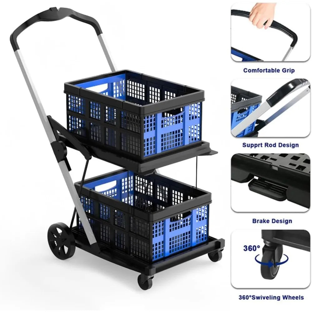 Folding Shopping Cart, 2 Tier Multi Use Mobile Folding Trolley Functional Collapsible Carts with Wheels and Removable Foldings S