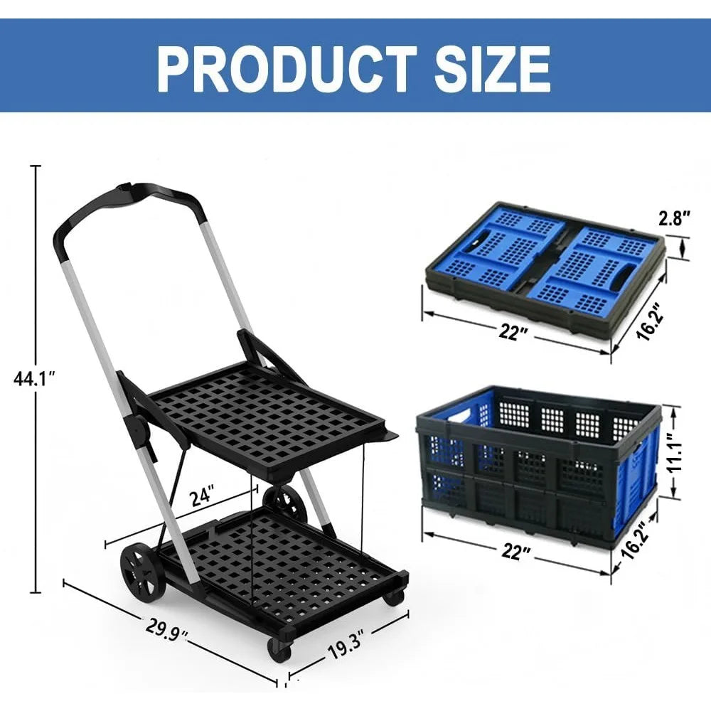 Folding Shopping Cart, 2 Tier Multi Use Mobile Folding Trolley Functional Collapsible Carts with Wheels and Removable Foldings S
