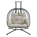 Double Wicker Swing Egg Chair Hammock Foldable Hanging Loveseat with Stand, UV Resistant Removable Cushions, 700LBS Capacity for Bedroom, Balcony (Black and Beige)