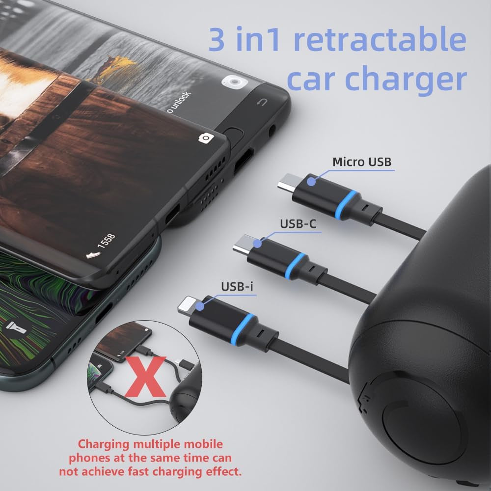 Multi Car Retractable Backseat 3 in 1 Car Charging Station Box Compatible with All Phones | Iphone | Samsung | Uber Taxi Lyft Turo Ride Share Customer Charging Dock Attach to Headrest