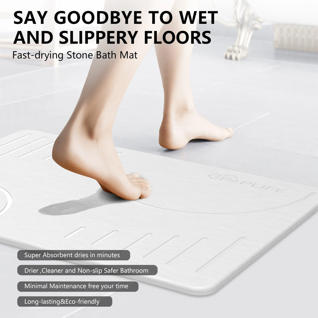 Stone Bath Mat, Super Absorbent Bathroom Mat, Quick Drying Non-Slip Shower Mat 24"X15 White