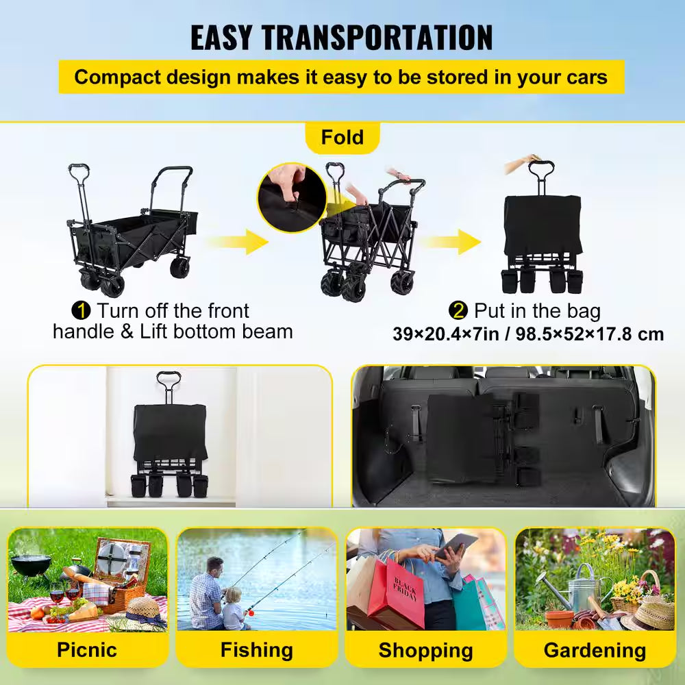 3 Cu. Ft. Steel Extra Large Collapsible Garden Cart with Removable Canopy, Folding Wagon Utility Carts with Wheels