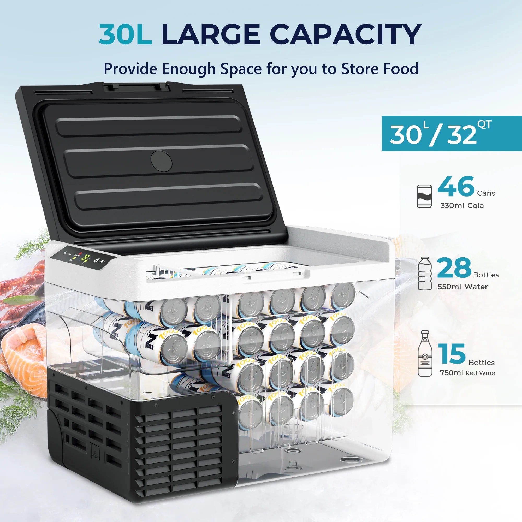 12V RV Refrigerator 32QT with APP & Panel Control, Portable Freezer for Car Truck Camping