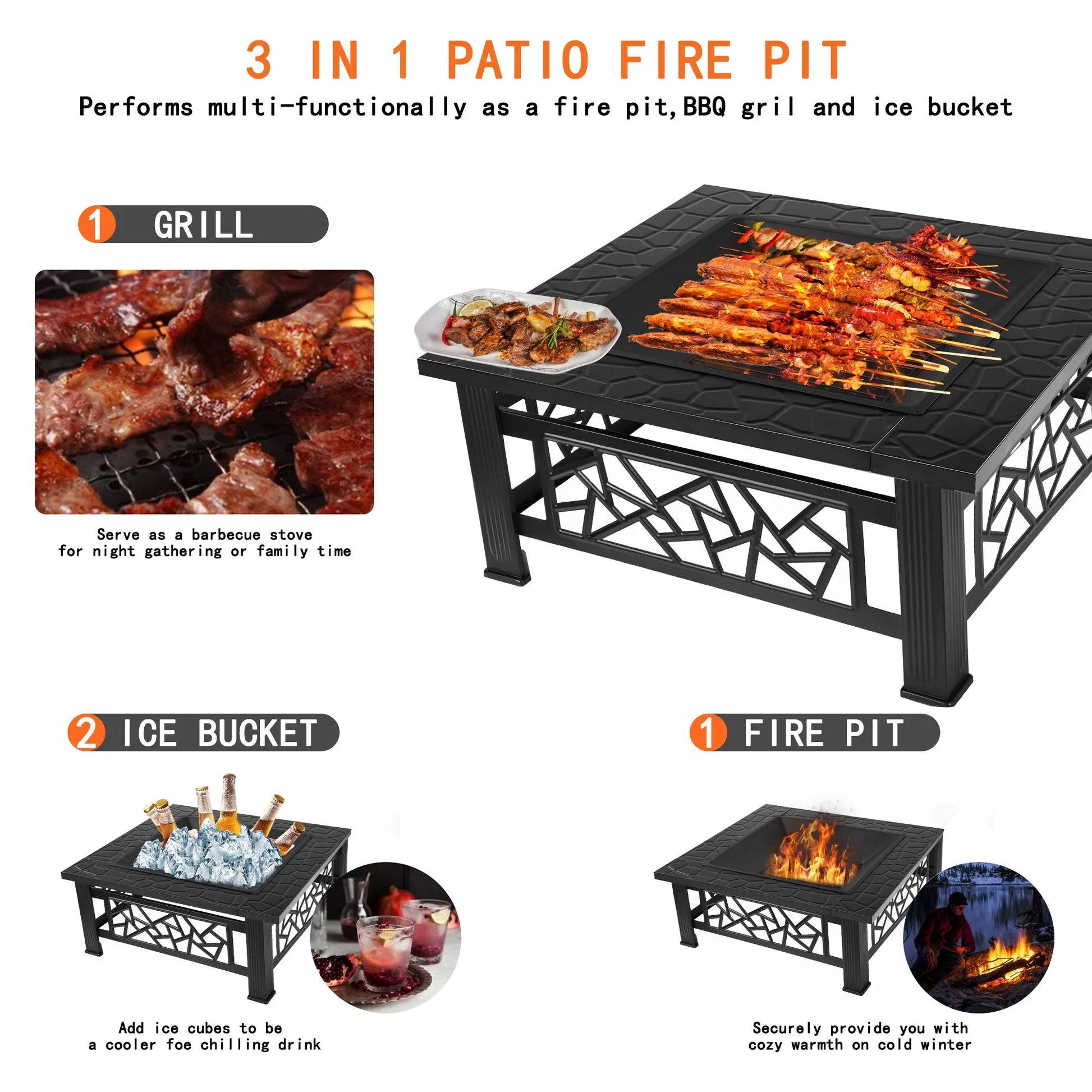 Fire Pit for Outside, 32" Square Fire Pit Table with BBQ Net, Mesh Lid, Poker and Cover, Wood Burning Outdoor Heating Fire Pit Stove for Patio, Backyard, Camping, Black