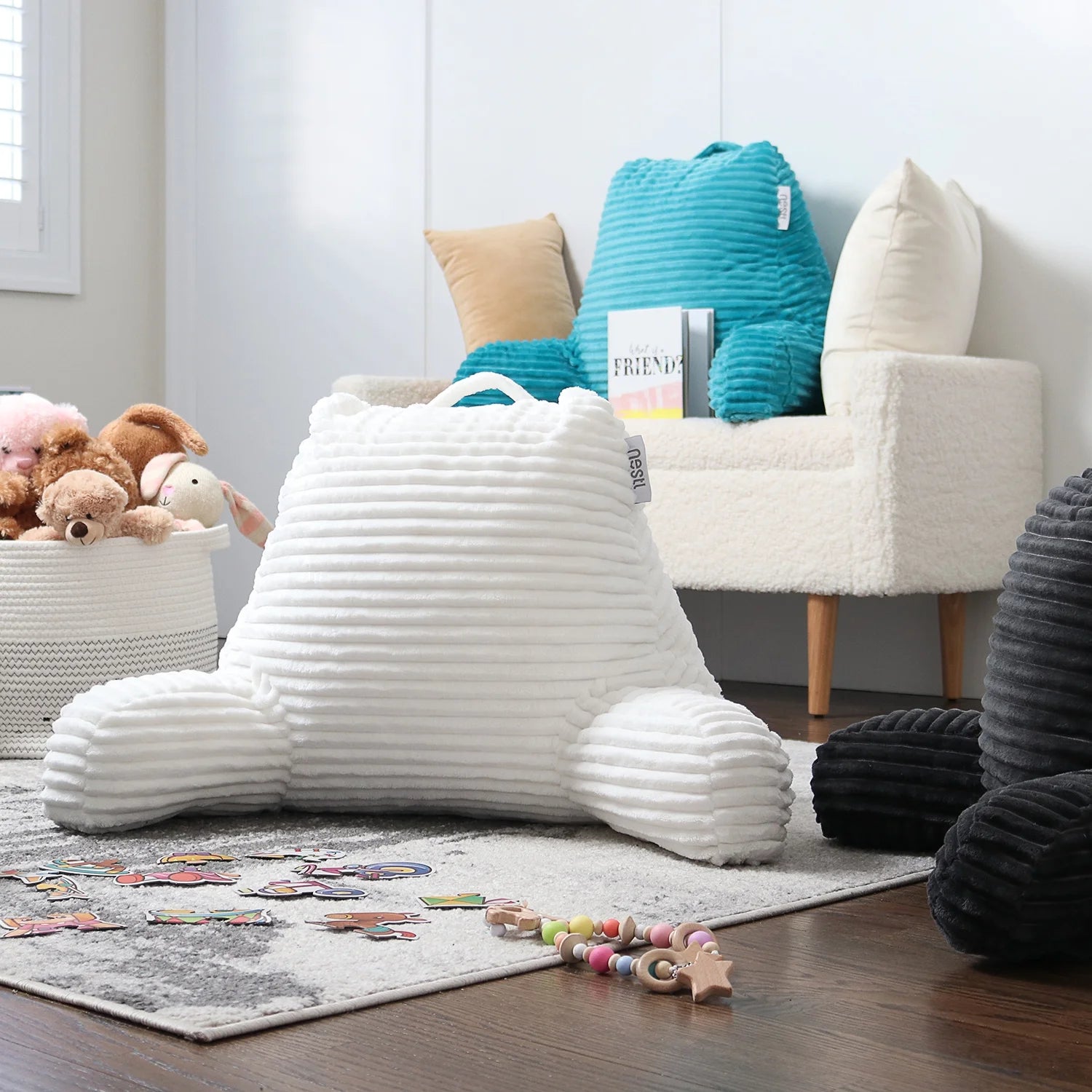 Backrest Reading Pillow, Back Support Pillow with Arms, Shredded Memory Foam Bed Rest Pillow, White