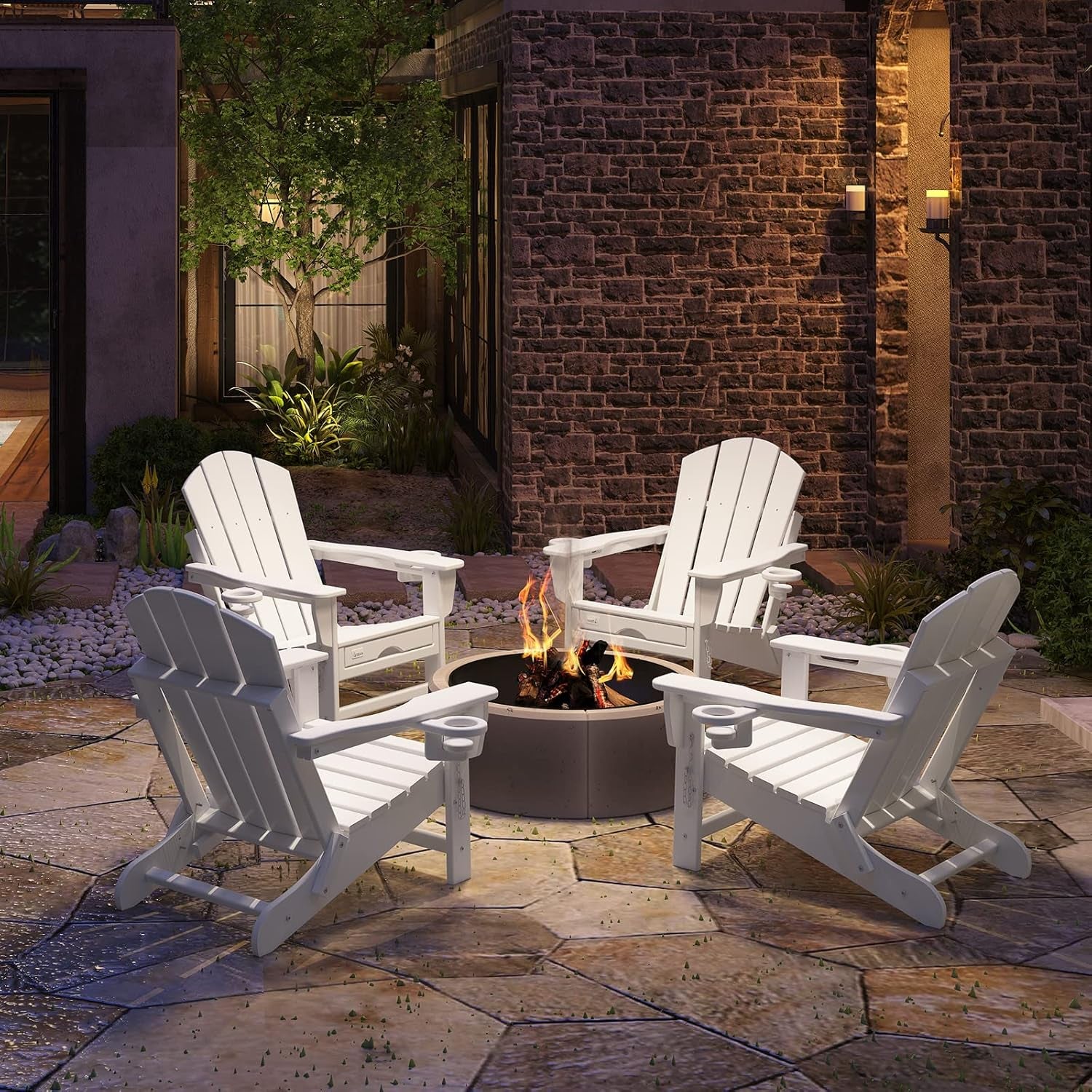 Folding Adirondack Chair with Retractable Ottoman, HDPE All-Weather Fire Pit Chair with 2 Cup Holders, Outdoor Chair for Deck Patio Garden Backyard Lawn (White)