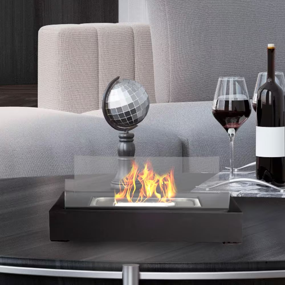 Bio Ethanol Tabletop Fire Pit, Rectangular Indoor or Outdoor Ventless Fireplace, Black