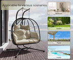 Double Wicker Swing Egg Chair Hammock Foldable Hanging Loveseat with Stand, UV Resistant Removable Cushions, 700LBS Capacity for Bedroom, Balcony (Black and Beige)