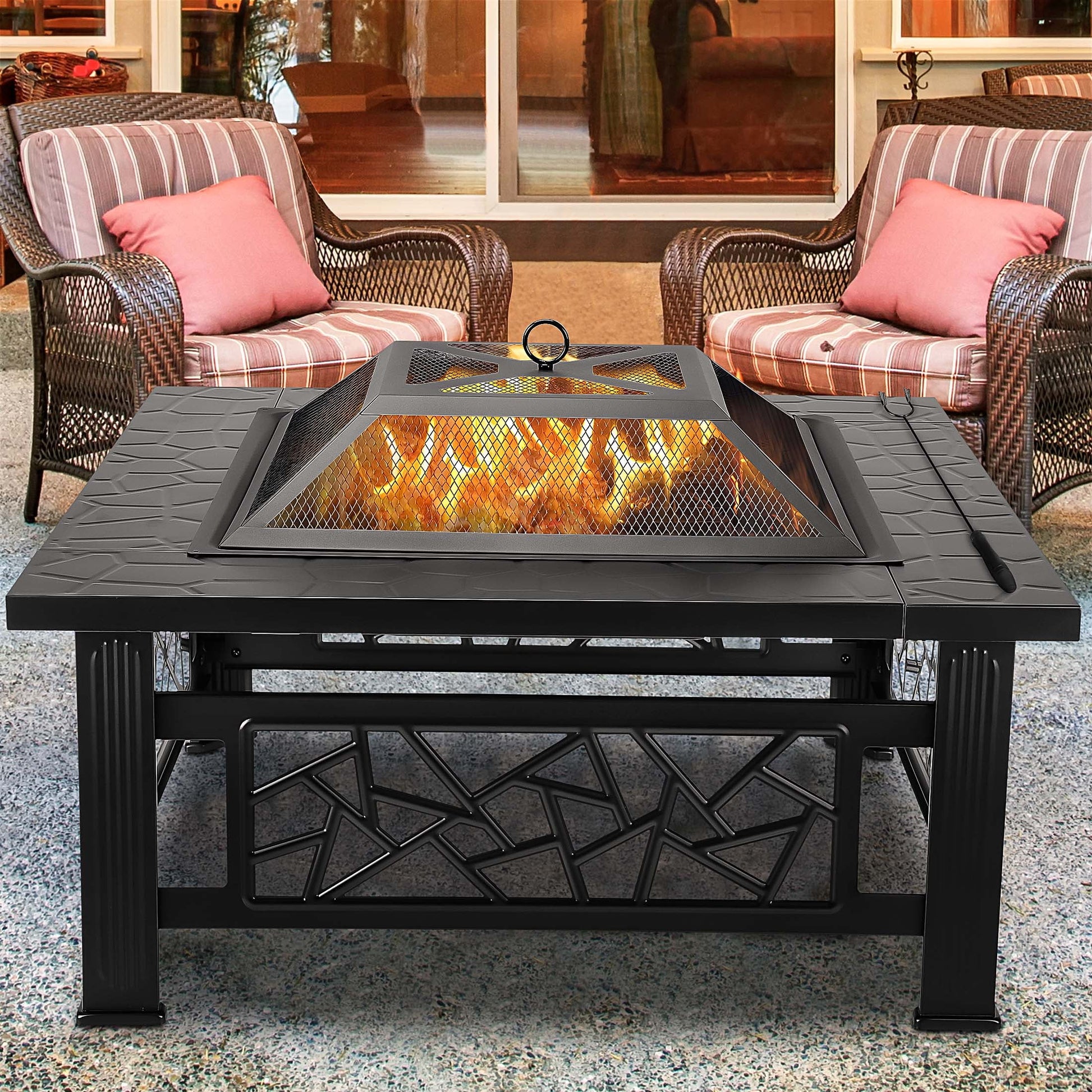 Fire Pit for Outside, 32" Square Fire Pit Table with BBQ Net, Mesh Lid, Poker and Cover, Wood Burning Outdoor Heating Fire Pit Stove for Patio, Backyard, Camping, Black
