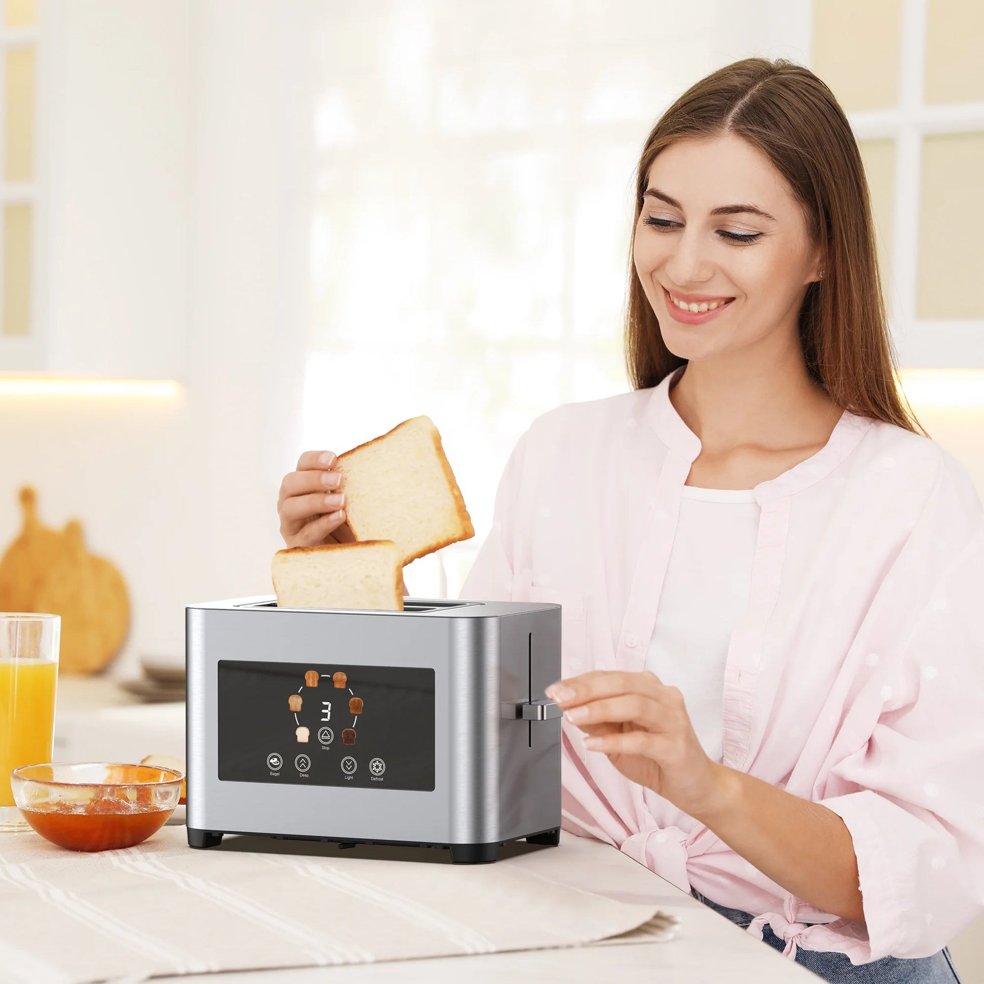 Toaster 2 Slice Wide Slots Touchscreen 6 Shade Settings, Stainless Steel Bread Toaster with Reheat, Cancel, Defrost,New