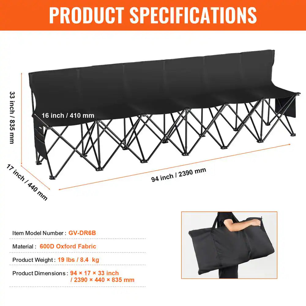 Portable Folding Bench, 6 Seats Sideline Outdoor Camping Aluminum Bench Chair with Carry Bag and Backrest, Black