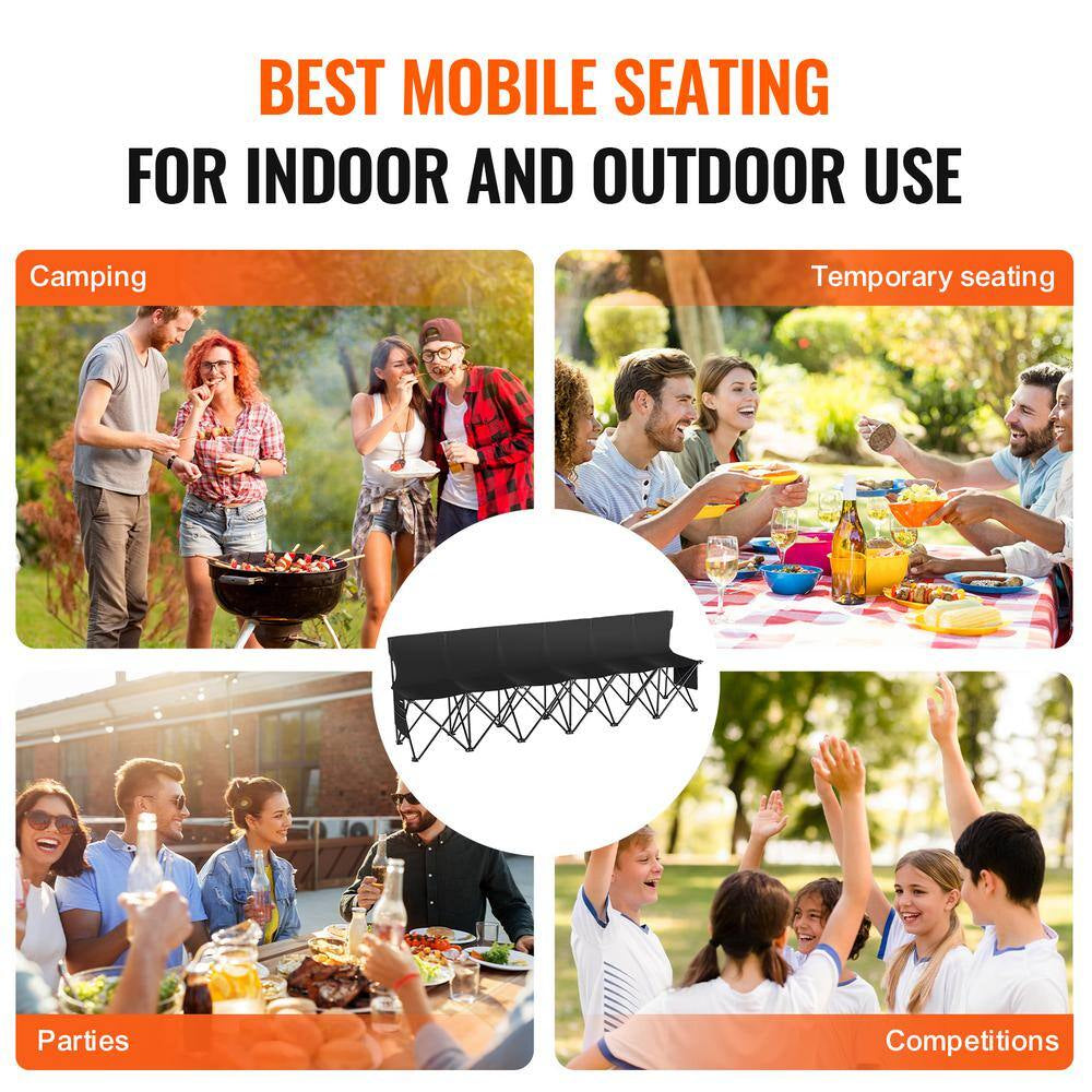Portable Folding Bench, 6 Seats Sideline Outdoor Camping Aluminum Bench Chair with Carry Bag and Backrest, Black